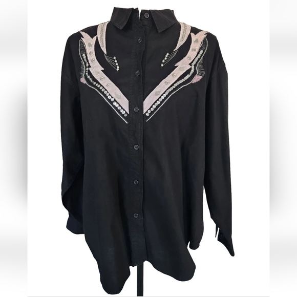 Vtg Gitano Western Button Up Collar Black Pink Bling Seqin Bead Satin Sz L - Picture 1 of 14
